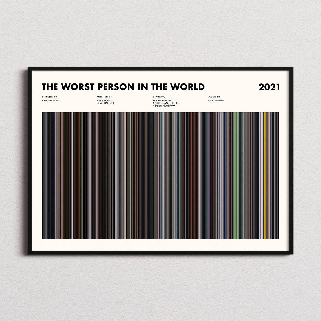 The Worst Person in the World Movie Barcode Poster framed and photographed straight on
