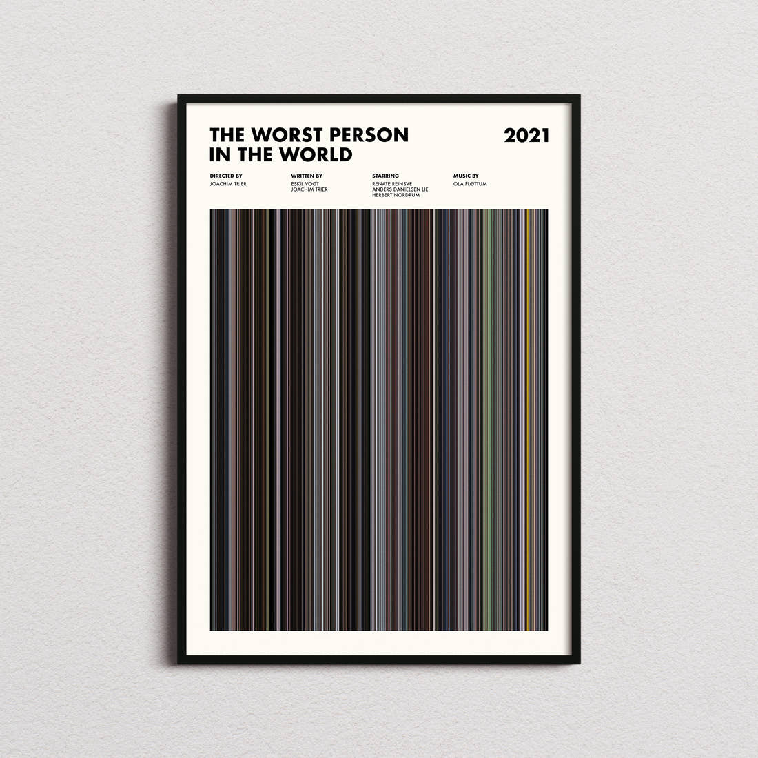 The Worst Person in the World Movie Barcode Poster framed on a plain studio wall