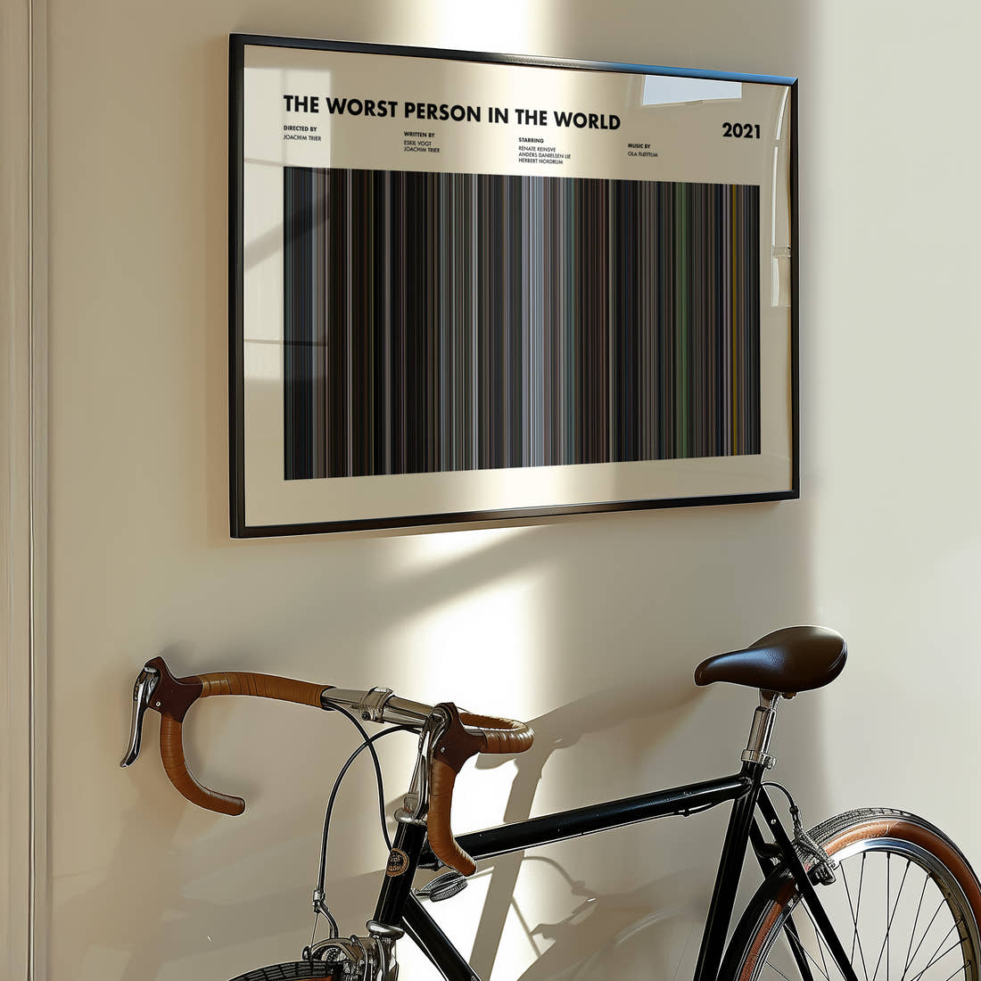 The Worst Person in the World Movie Barcode Poster framed on the wall of a styled room setting