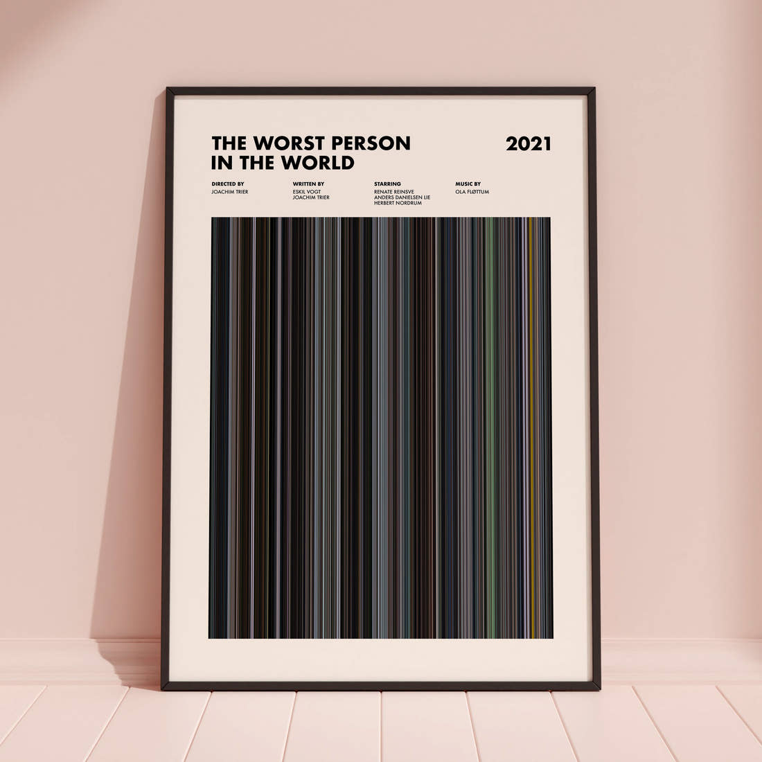 The Worst Person in the World Movie Barcode Poster framed and leaning against a coloured wall