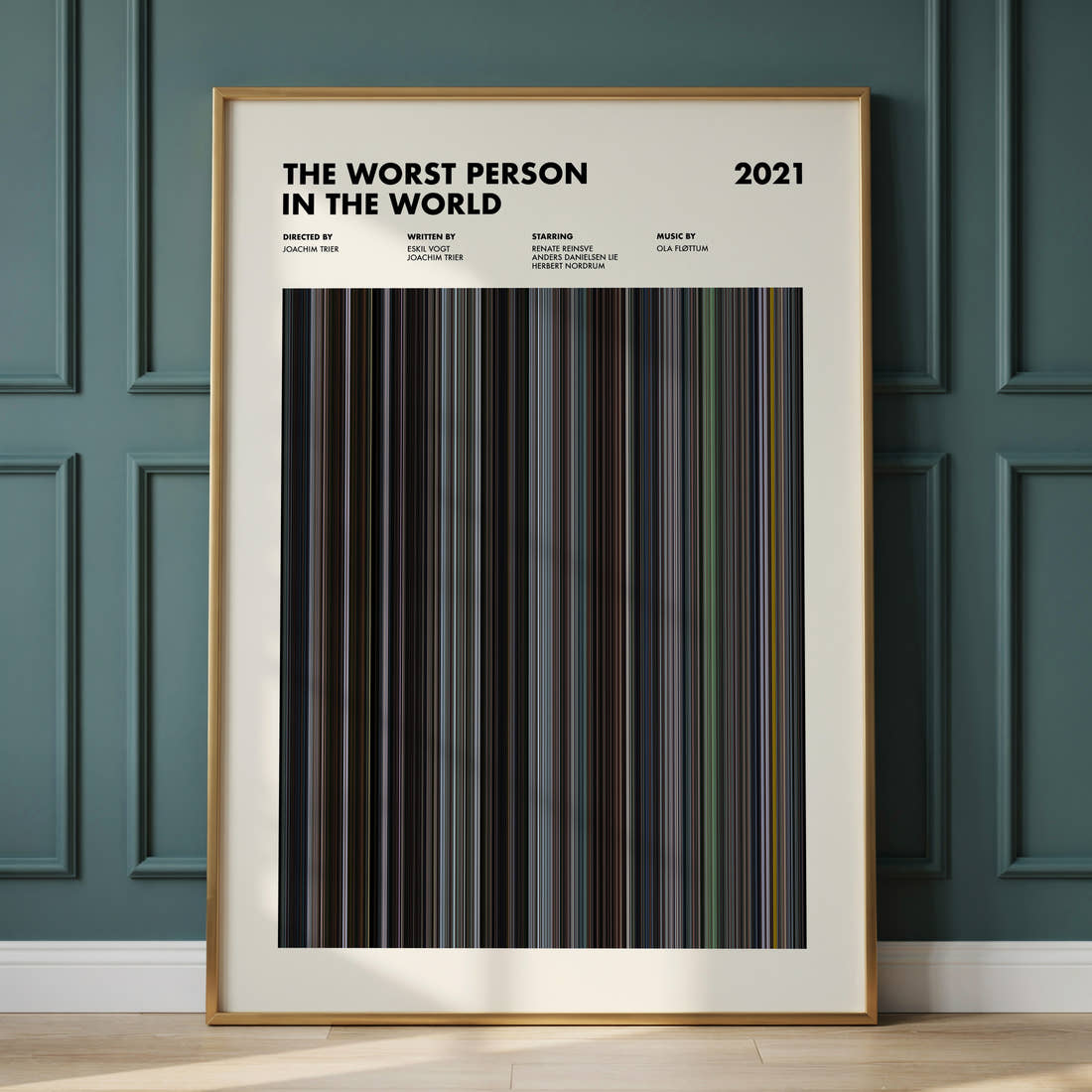 The Worst Person in the World Movie Barcode Poster framed and leaning against a panelled wall