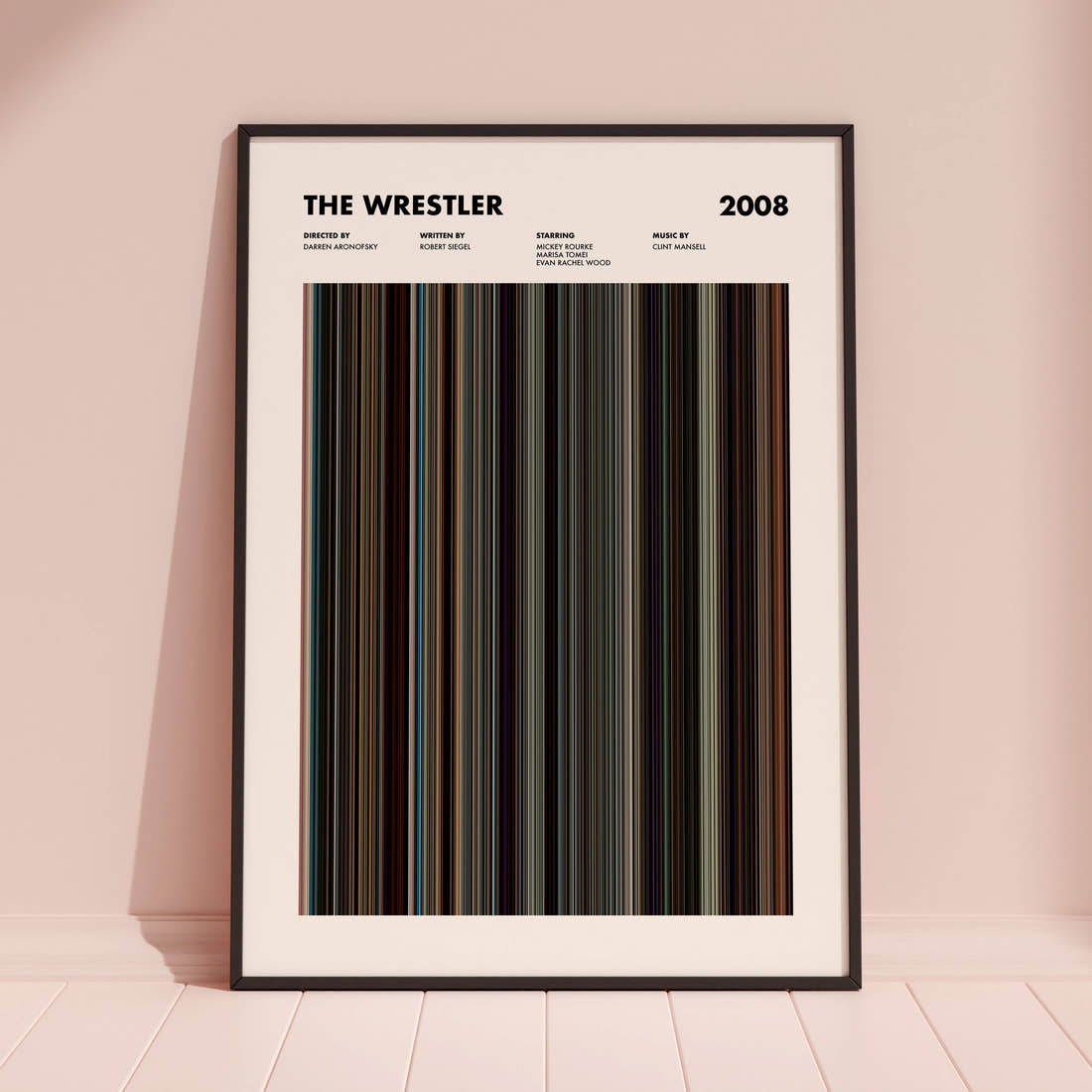 The Wrestler Movie Barcode Poster framed and leaning against a coloured wall