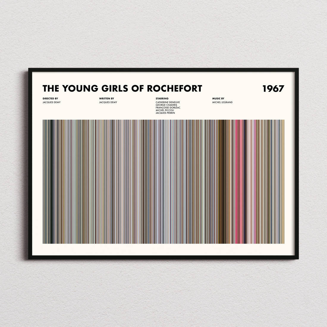 The Young Girls of Rochefort Movie Barcode Poster framed and photographed straight on