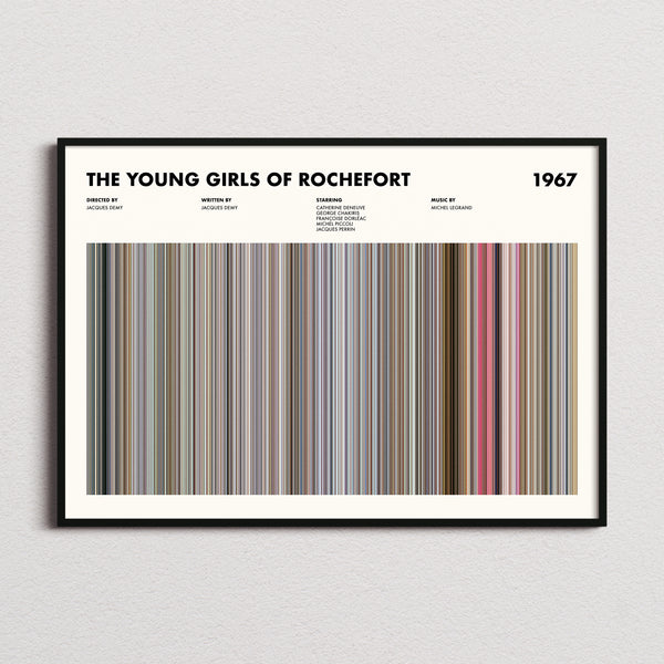 The Young Girls of Rochefort Movie Barcode Poster framed and photographed straight on