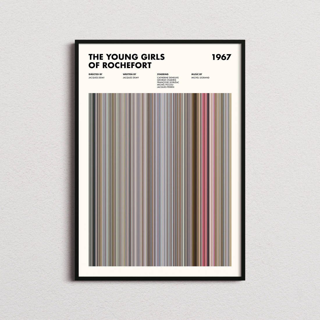 The Young Girls of Rochefort Movie Barcode Poster framed on a plain studio wall