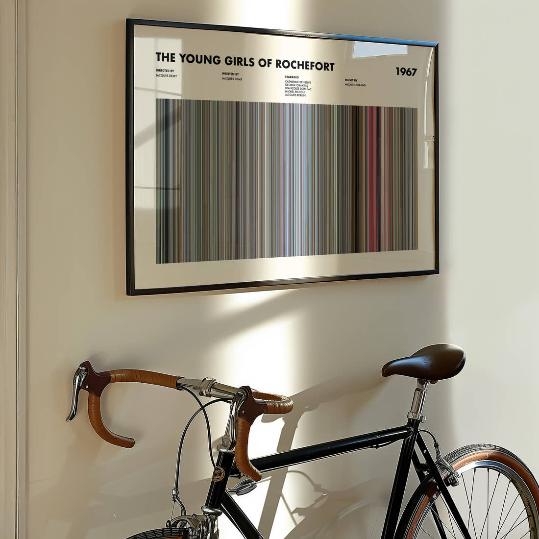 The Young Girls of Rochefort Movie Barcode Poster framed on the wall of a styled room setting