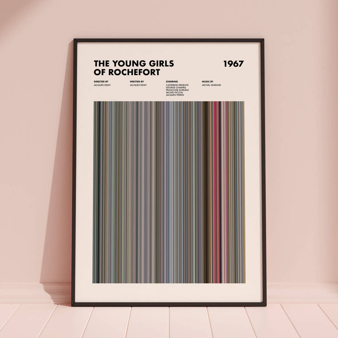The Young Girls of Rochefort Movie Barcode Poster framed and leaning against a coloured wall