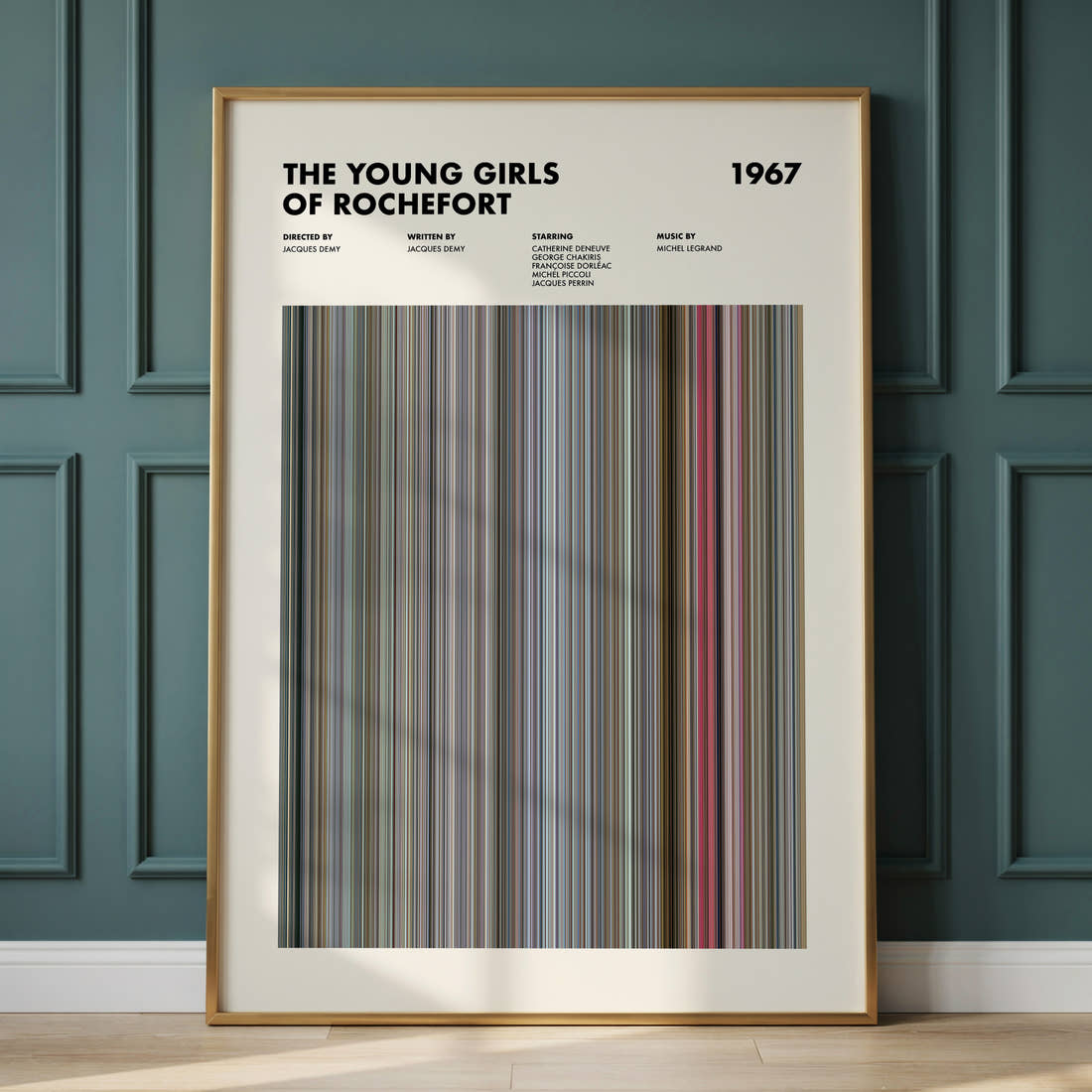 The Young Girls of Rochefort Movie Barcode Poster framed and leaning against a panelled wall