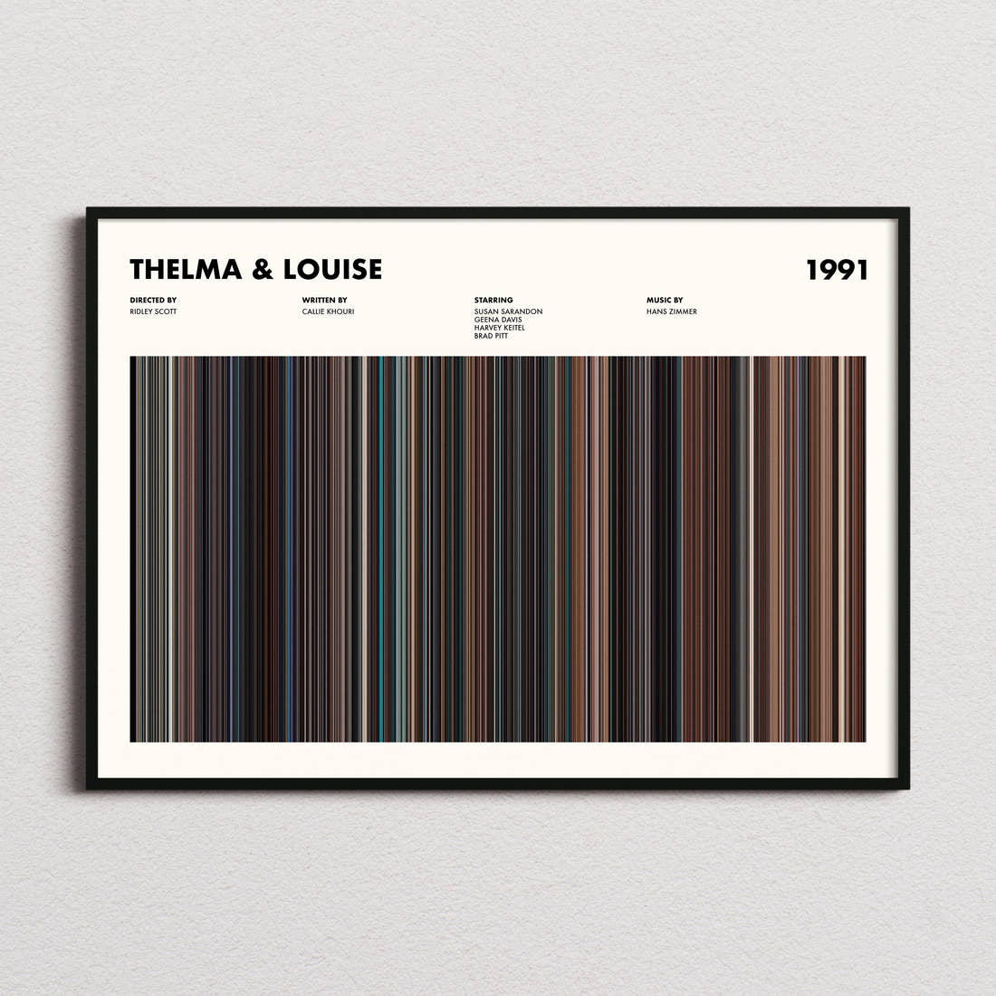 Thelma & Louise Movie Barcode Poster framed and photographed straight on
