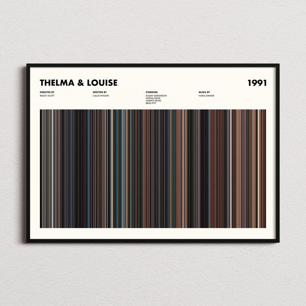 Thelma & Louise Movie Barcode Poster framed and photographed straight on