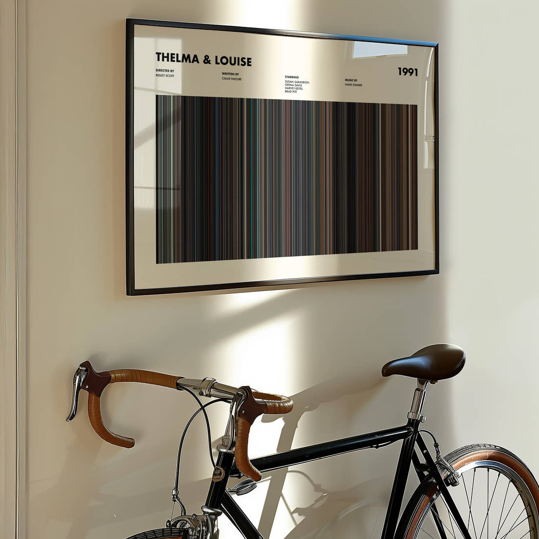 Thelma & Louise Movie Barcode Poster framed on the wall of a styled room setting