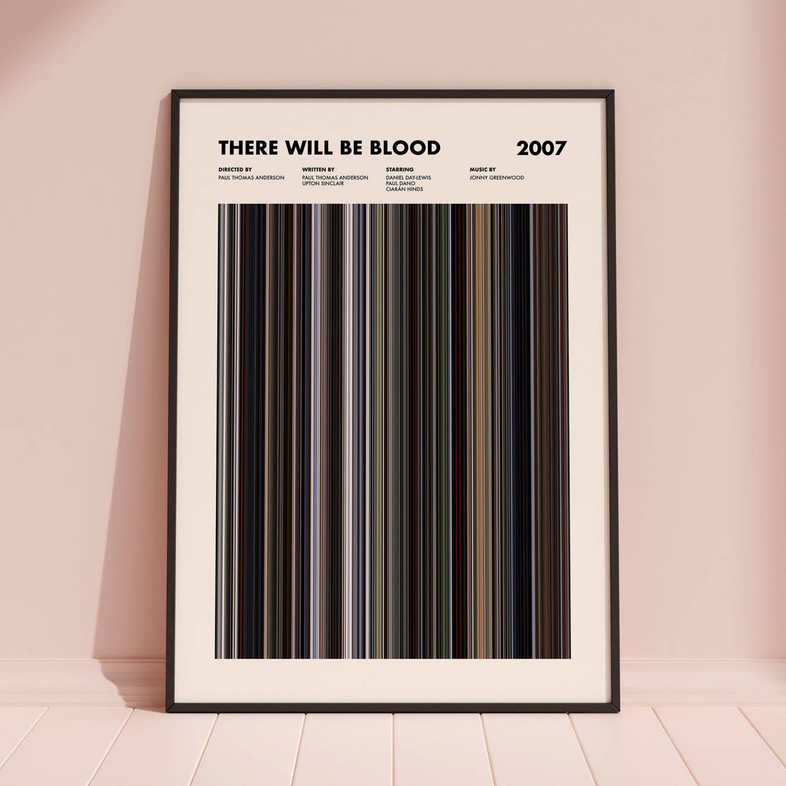 There Will Be Blood Movie Barcode Poster framed and leaning against a coloured wall