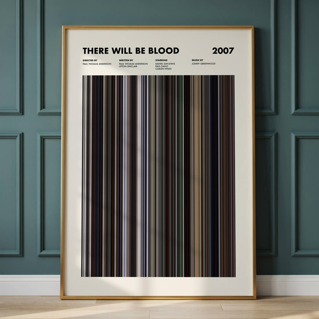 There Will Be Blood Movie Barcode Poster framed and leaning against a panelled wall