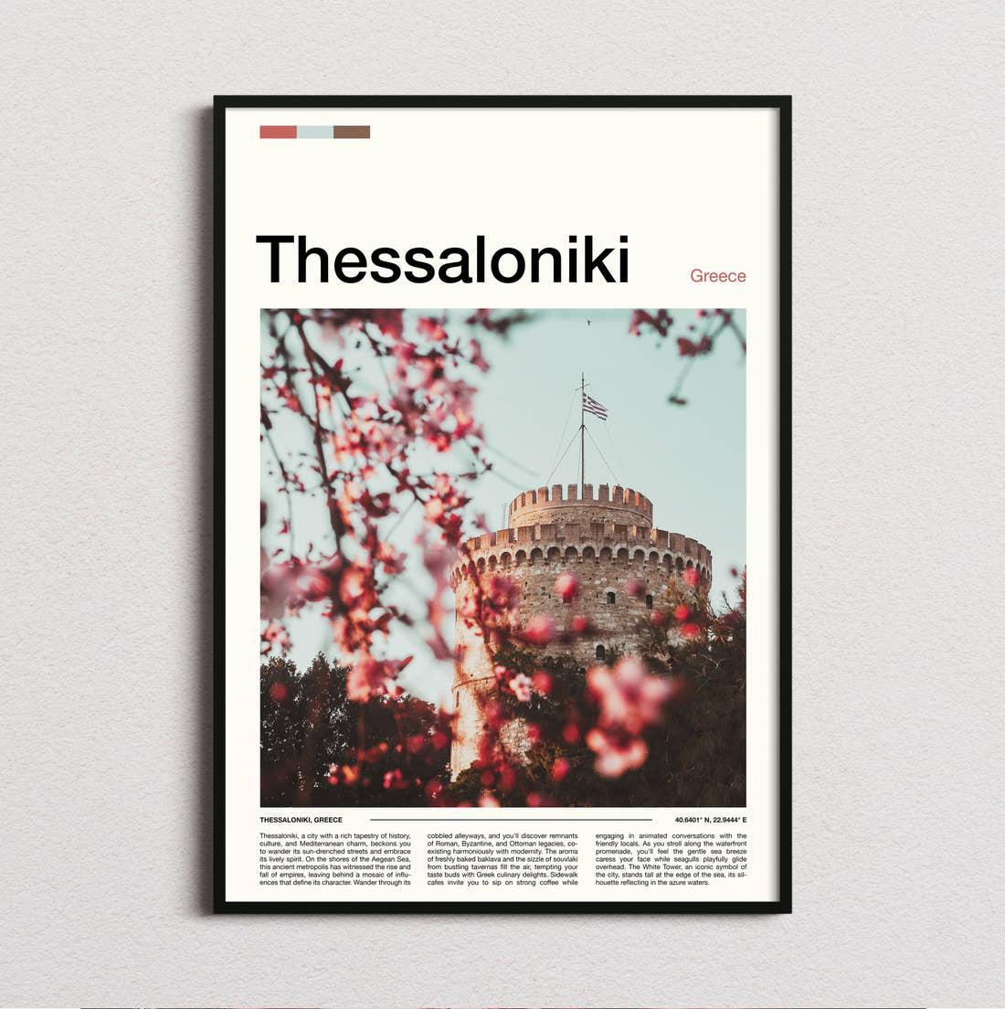 Thessaloniki White Tower Behind Blossom Travel Print framed and photographed straight on