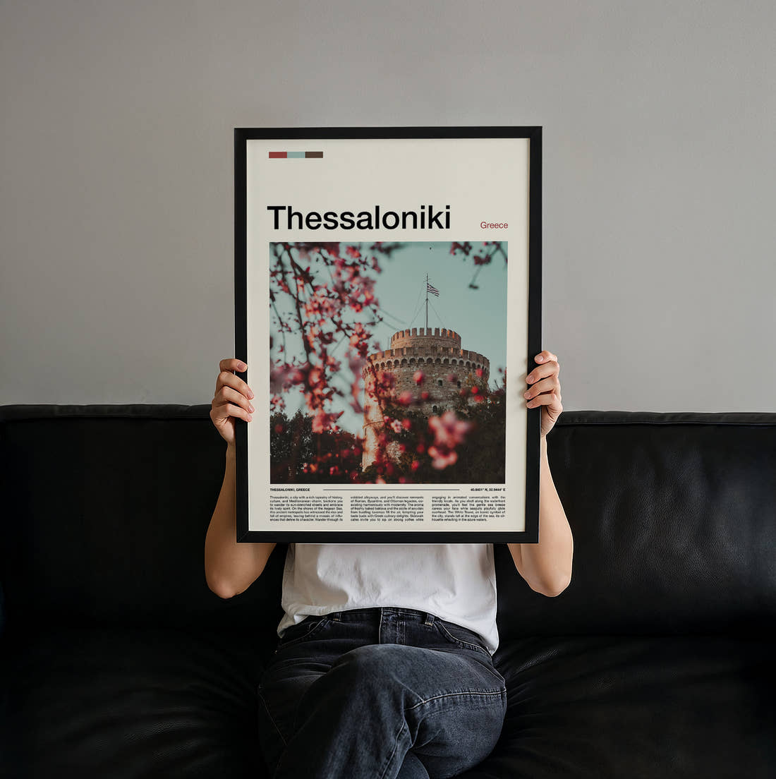 Thessaloniki White Tower Behind Blossom Travel Print held up by hand to show the size of the print