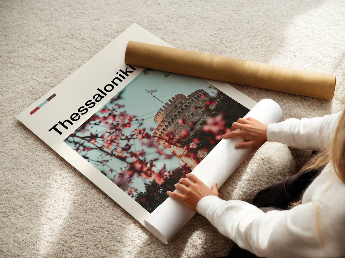 Thessaloniki White Tower Behind Blossom Travel Print being unrolled from its postal tube