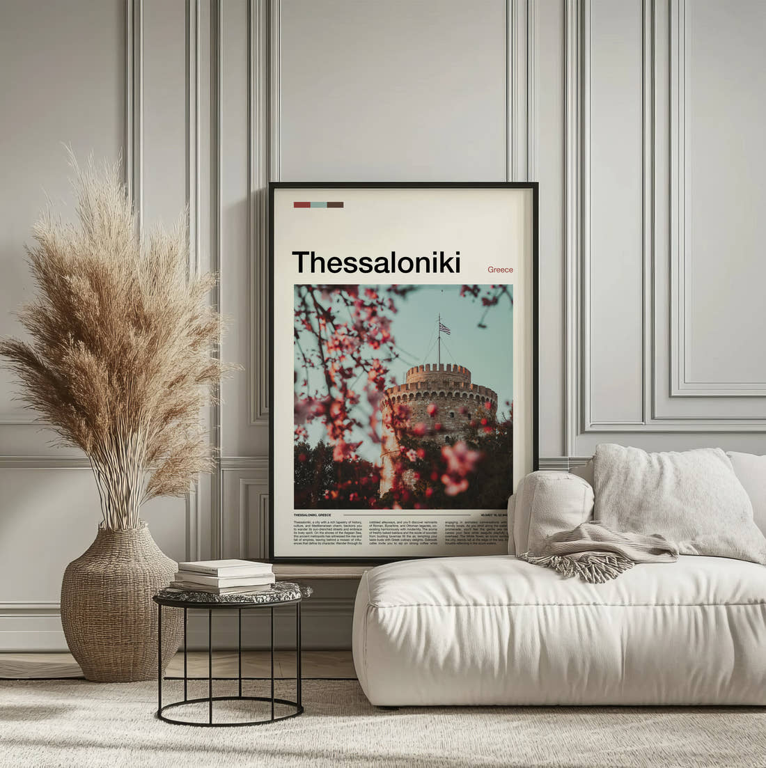 Thessaloniki White Tower Behind Blossom Travel Print framed on the wall of a calm, neutral bedroom