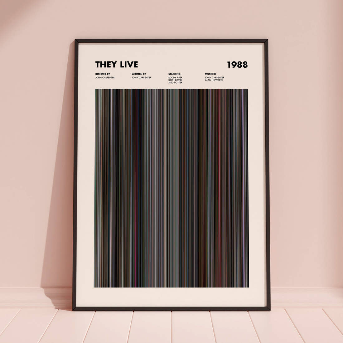 They Live Movie Barcode Poster framed and leaning against a coloured wall