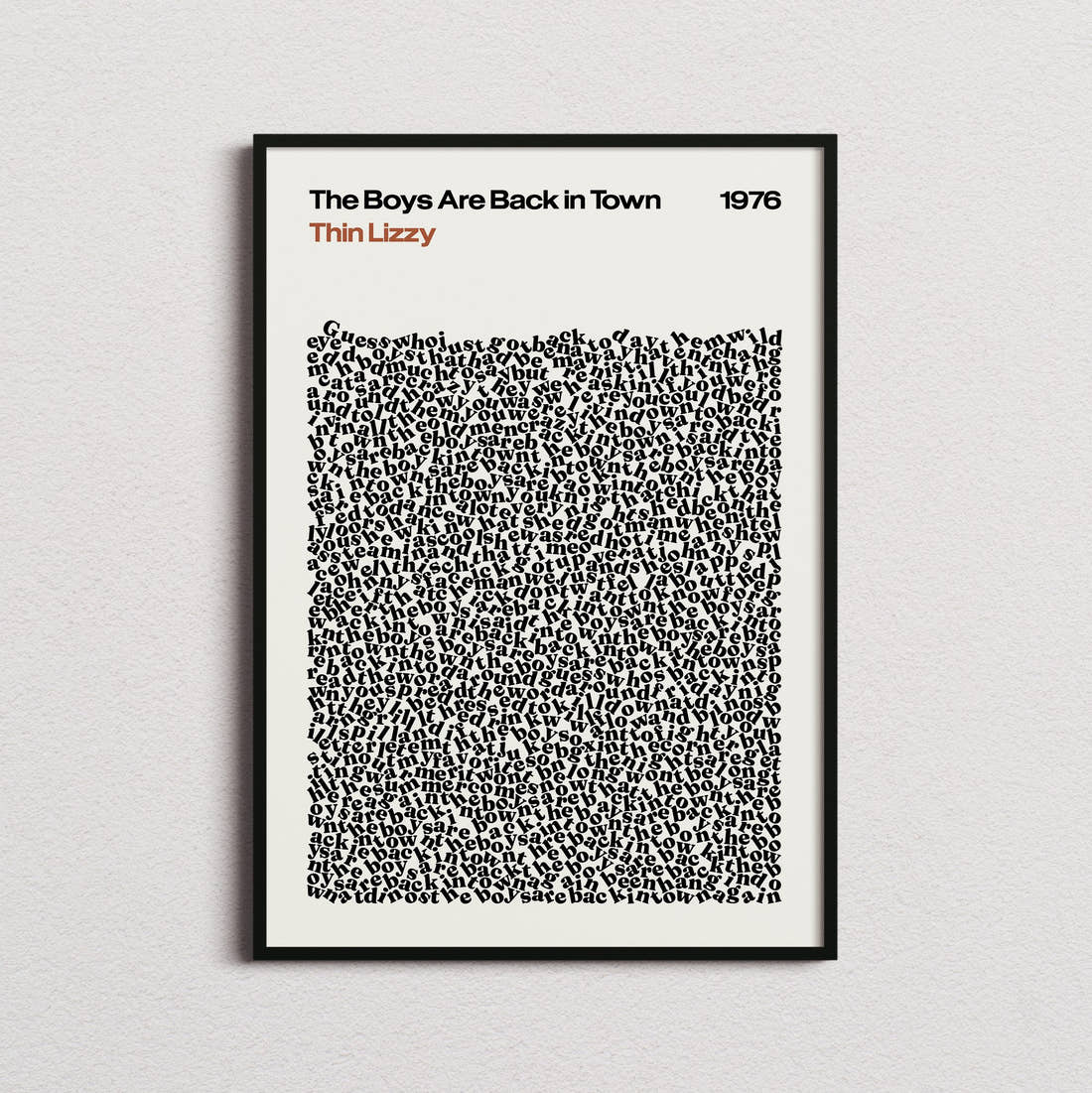 Thin Lizzy The Boys Are Back in Town Lyric Print in the cream colourway, framed
