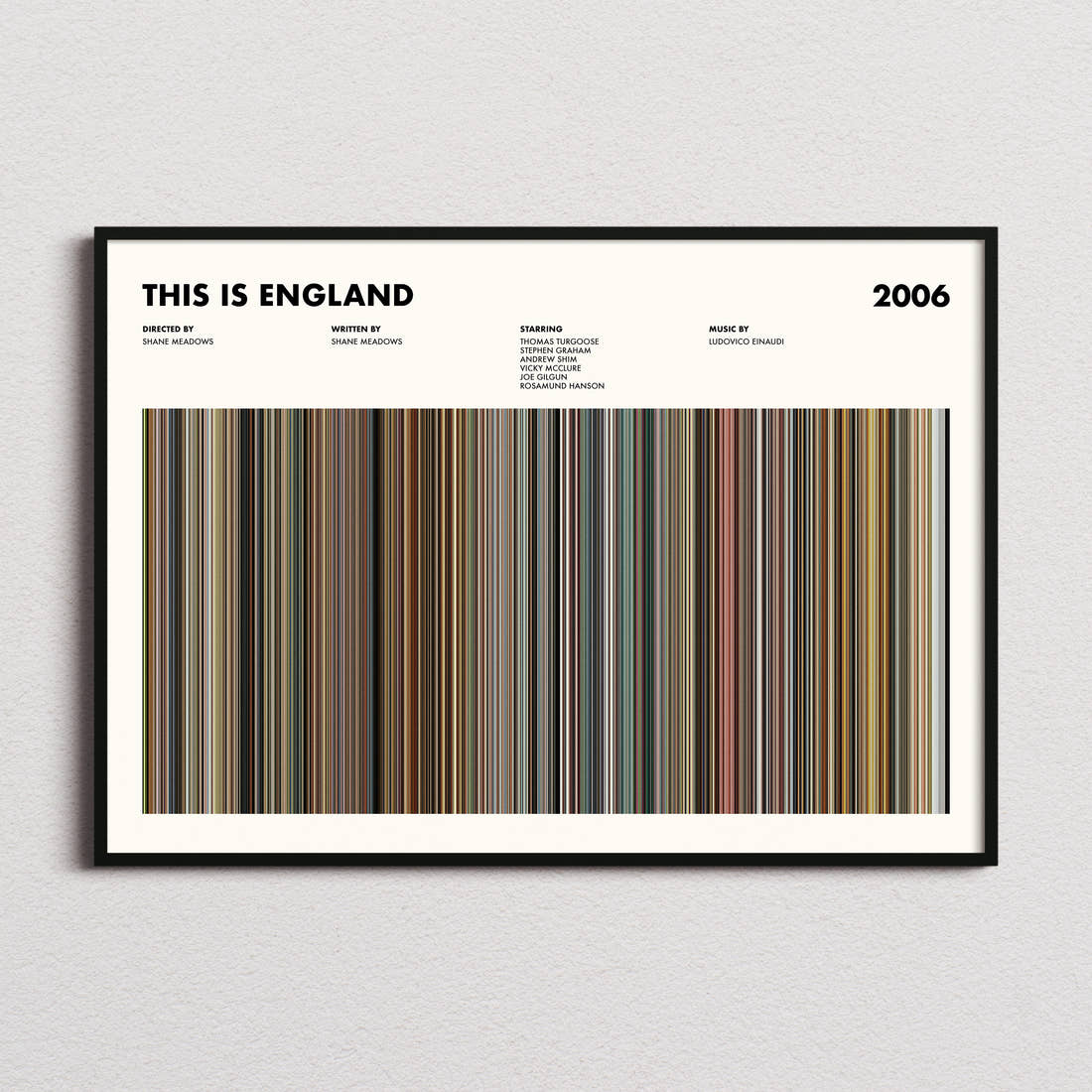 This Is England Movie Barcode Poster framed and photographed straight on