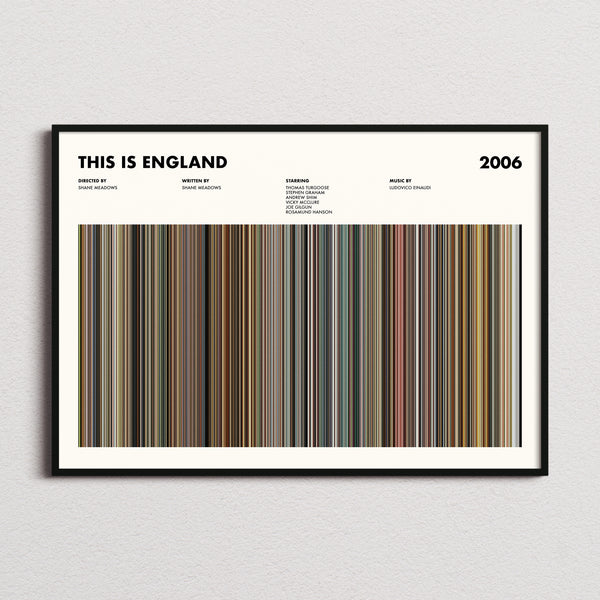 This Is England Movie Barcode Poster framed and photographed straight on