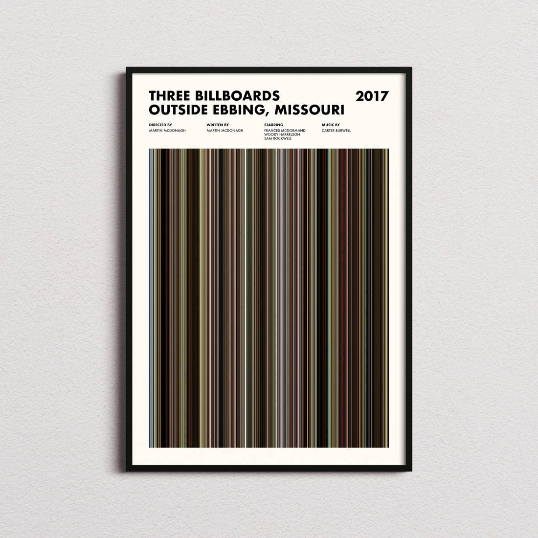 Three Billboards Outside Ebbing, Missouri Movie Barcode Poster framed on a plain studio wall