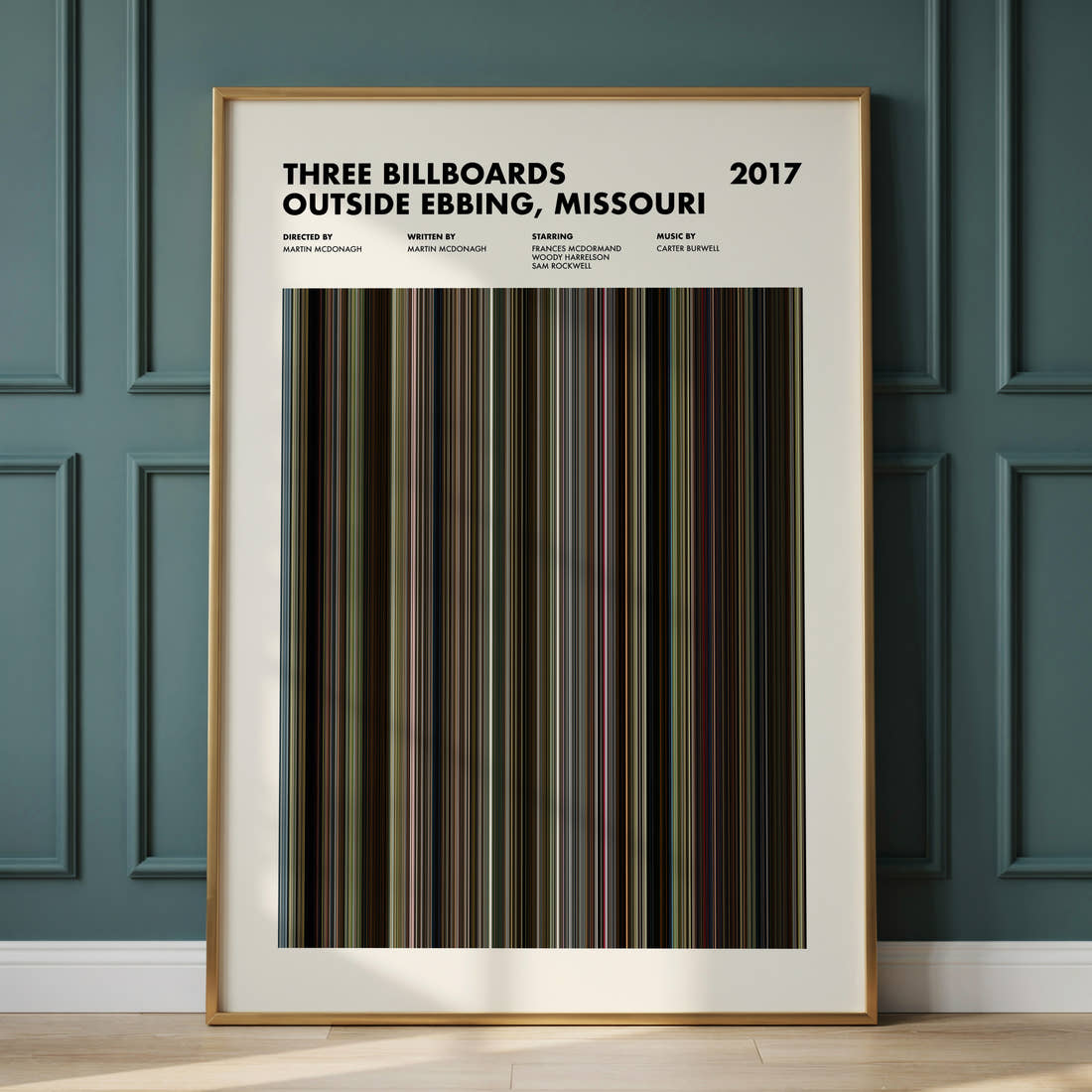 Three Billboards Outside Ebbing, Missouri Movie Barcode Poster framed and leaning against a panelled wall