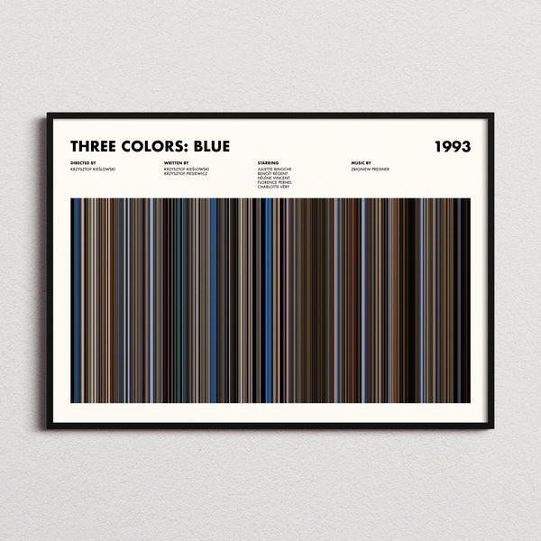 Three Colors: Blue Movie Barcode Poster framed and photographed straight on