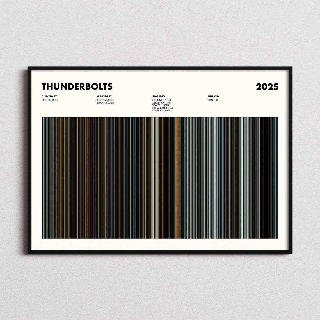 Thunderbolts Movie Barcode Poster framed and photographed straight on