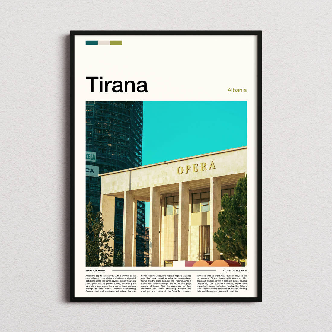 Tirana Opera House Facade Travel Print framed and photographed straight on