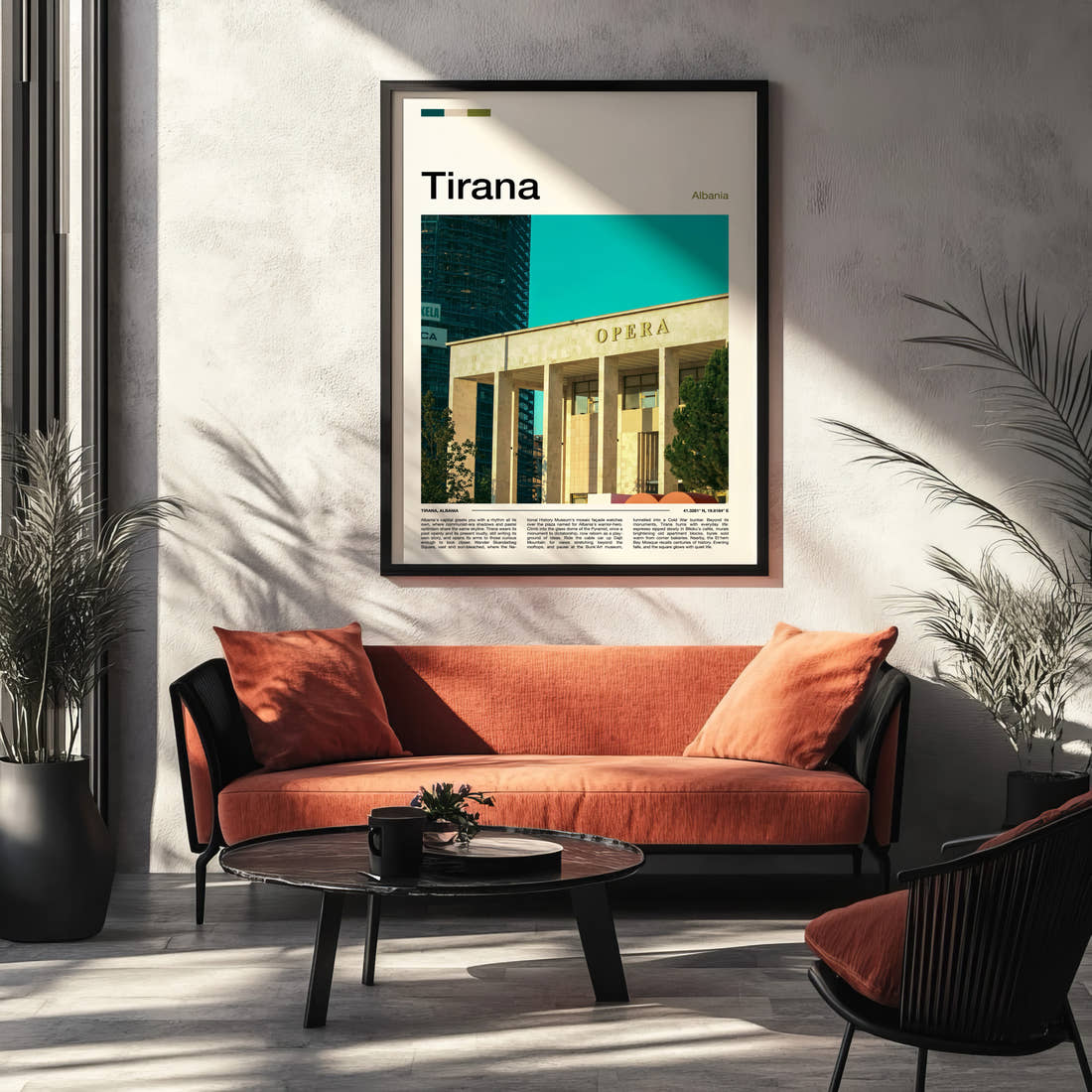 Tirana Opera House Facade Travel Print framed on the wall of a modern living room