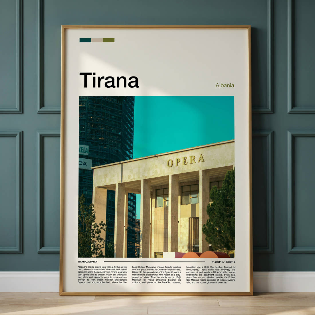 Tirana Opera House Facade Travel Print framed on the wall of a calm, neutral bedroom