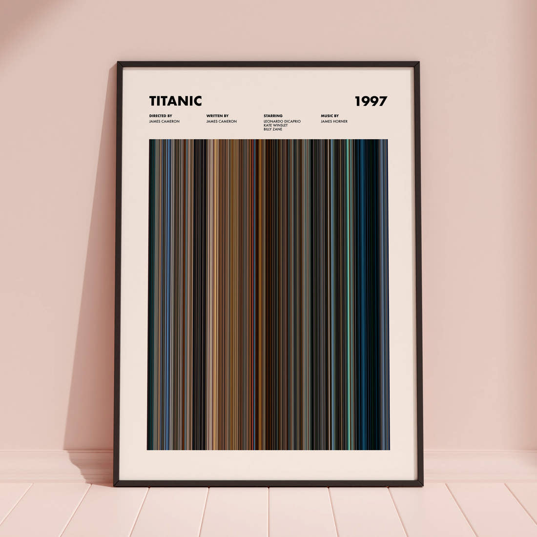 Titanic Movie Barcode Poster framed and leaning against a coloured wall