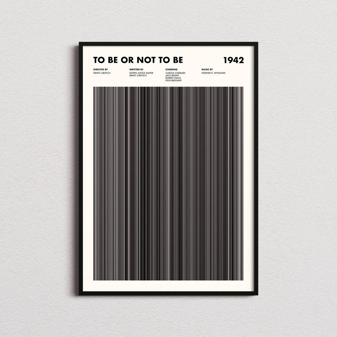 To Be Or Not To Be Movie Barcode Poster framed on a plain studio wall