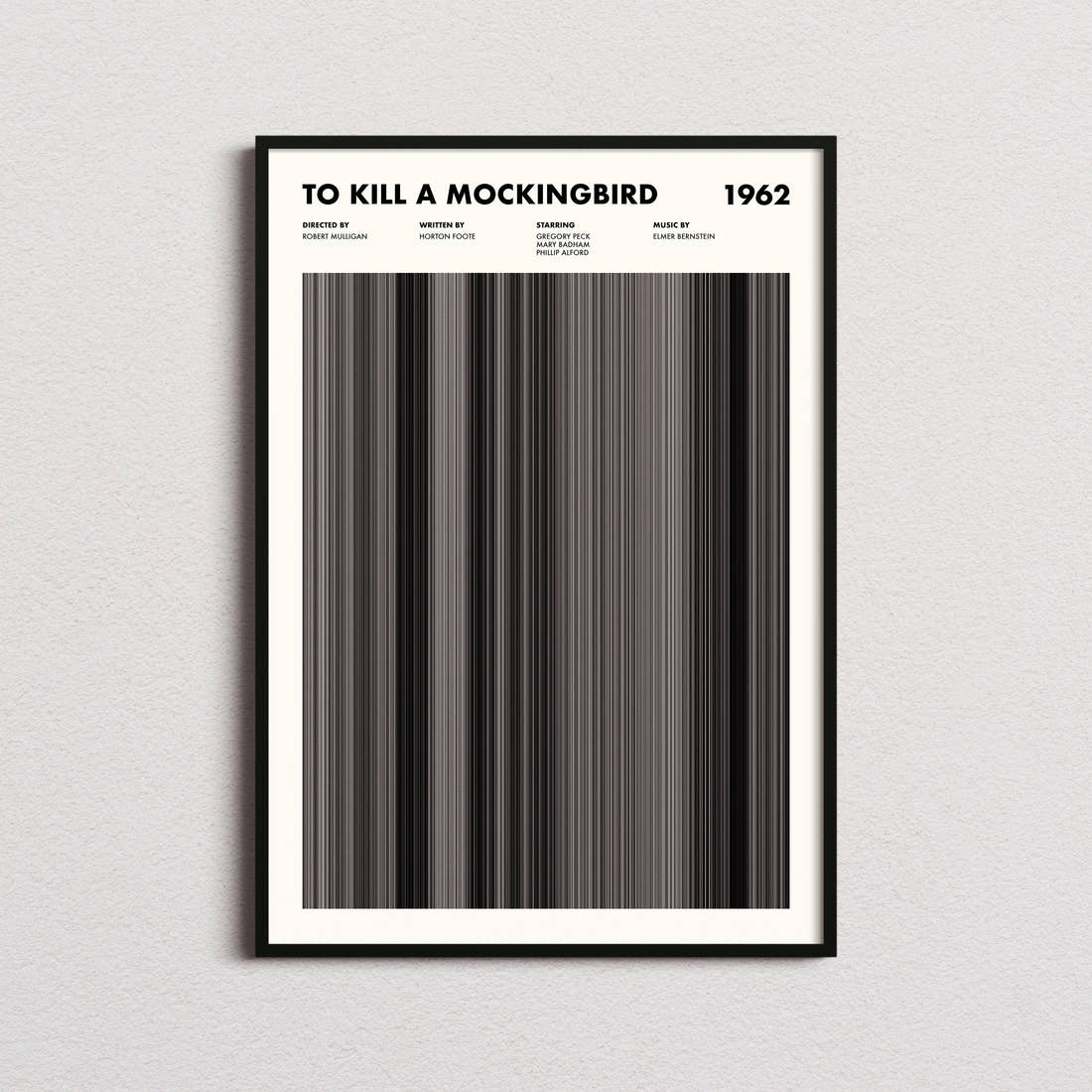 To Kill A Mockingbird Movie Barcode Poster framed on a plain studio wall
