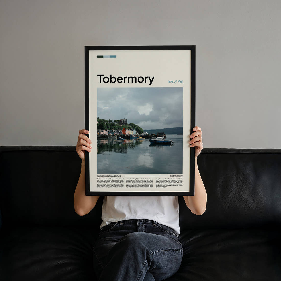 Tobermory Painted Harbour Row Travel Print held up by hand to show the size of the print