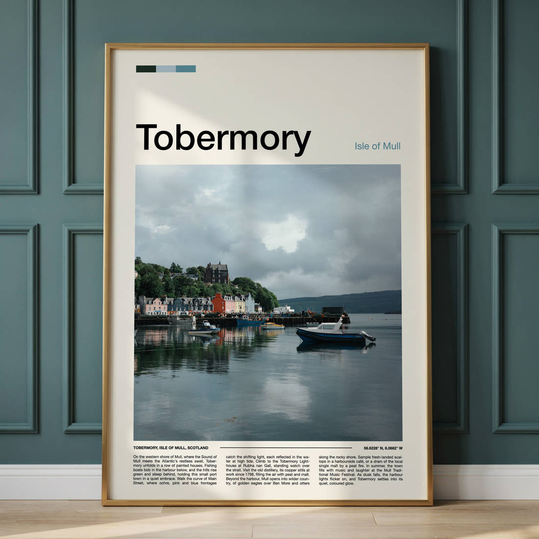Tobermory Painted Harbour Row Travel Print framed on the wall of a calm, neutral bedroom