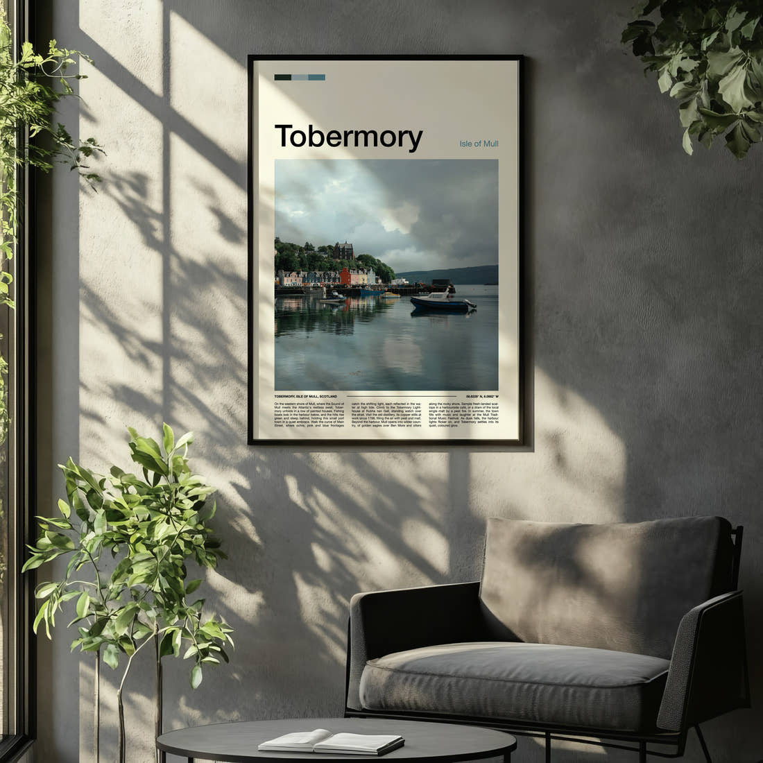 Tobermory Painted Harbour Row Travel Print framed on the wall of a relaxed living room