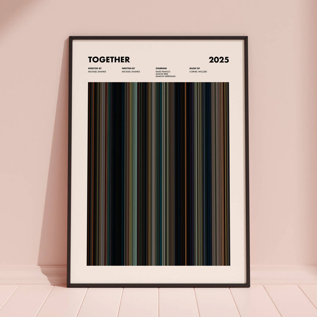 Together Movie Barcode Poster framed and leaning against a coloured wall