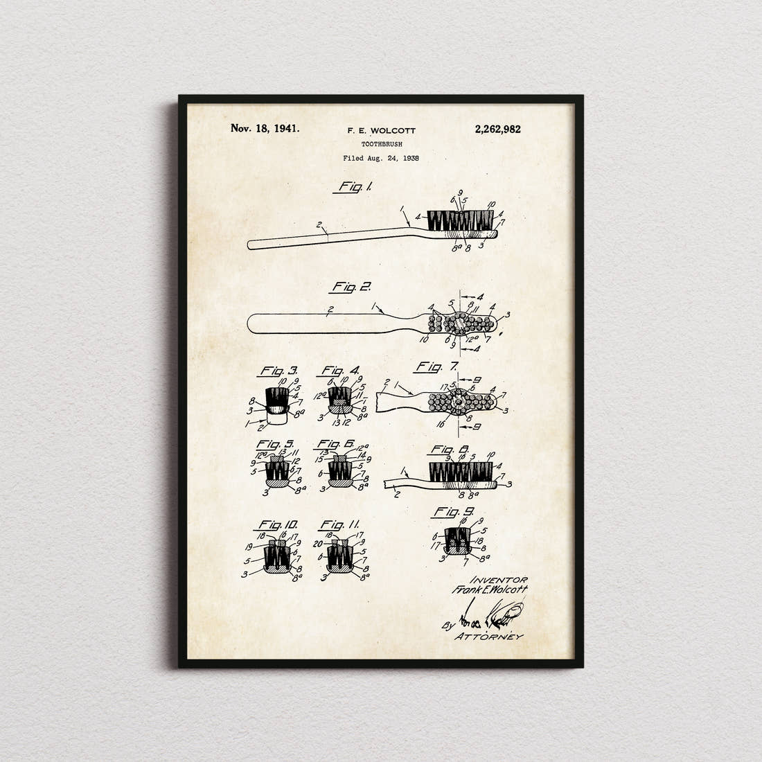 Toothbrush Patent Print in the aged paper colourway, framed