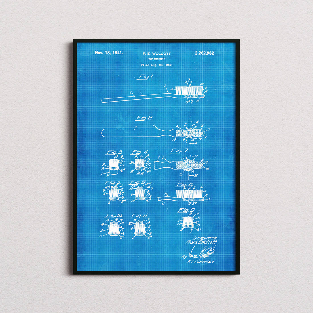 Toothbrush Patent Print in the blueprint colourway, framed