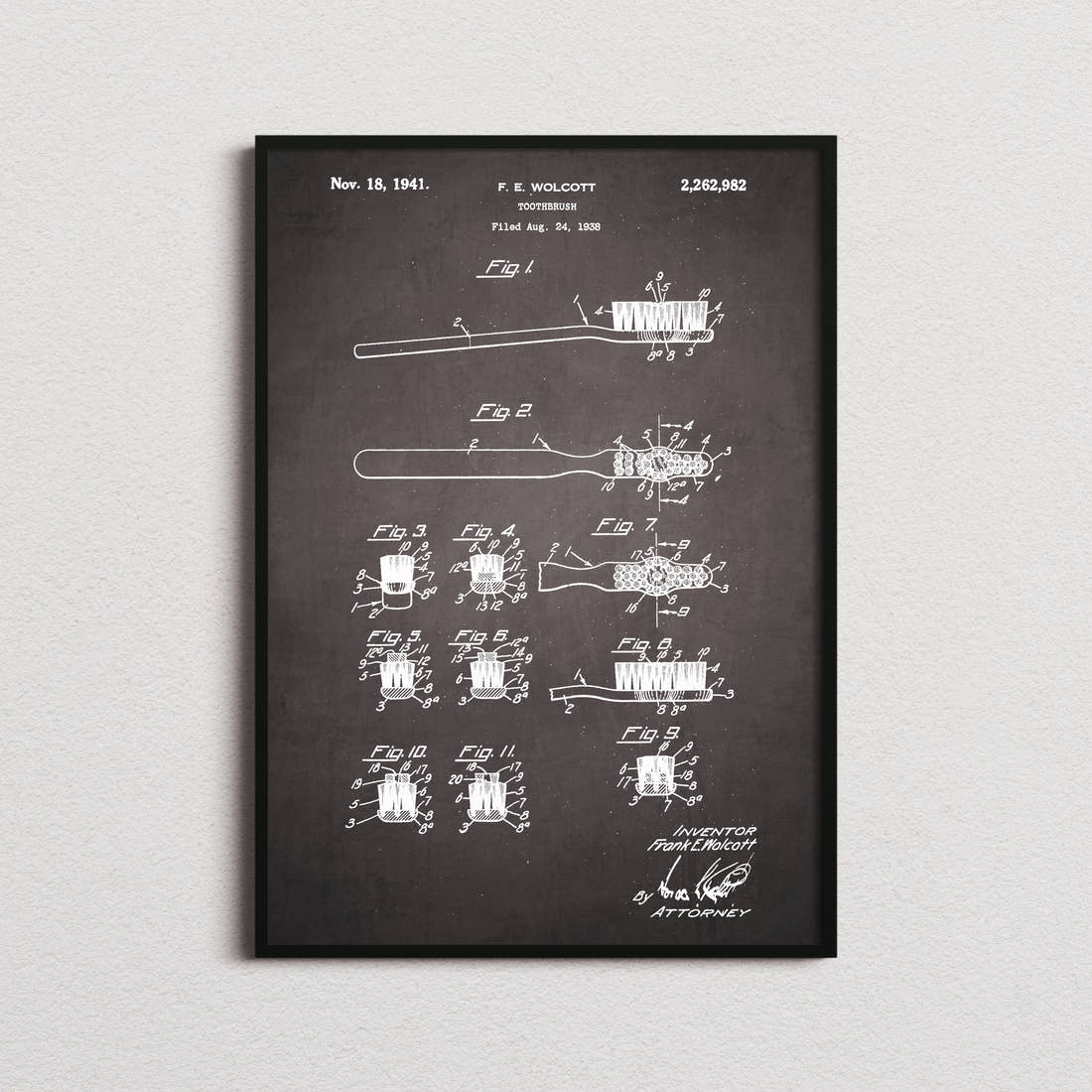 Toothbrush Patent Print in the blackboard colourway, framed