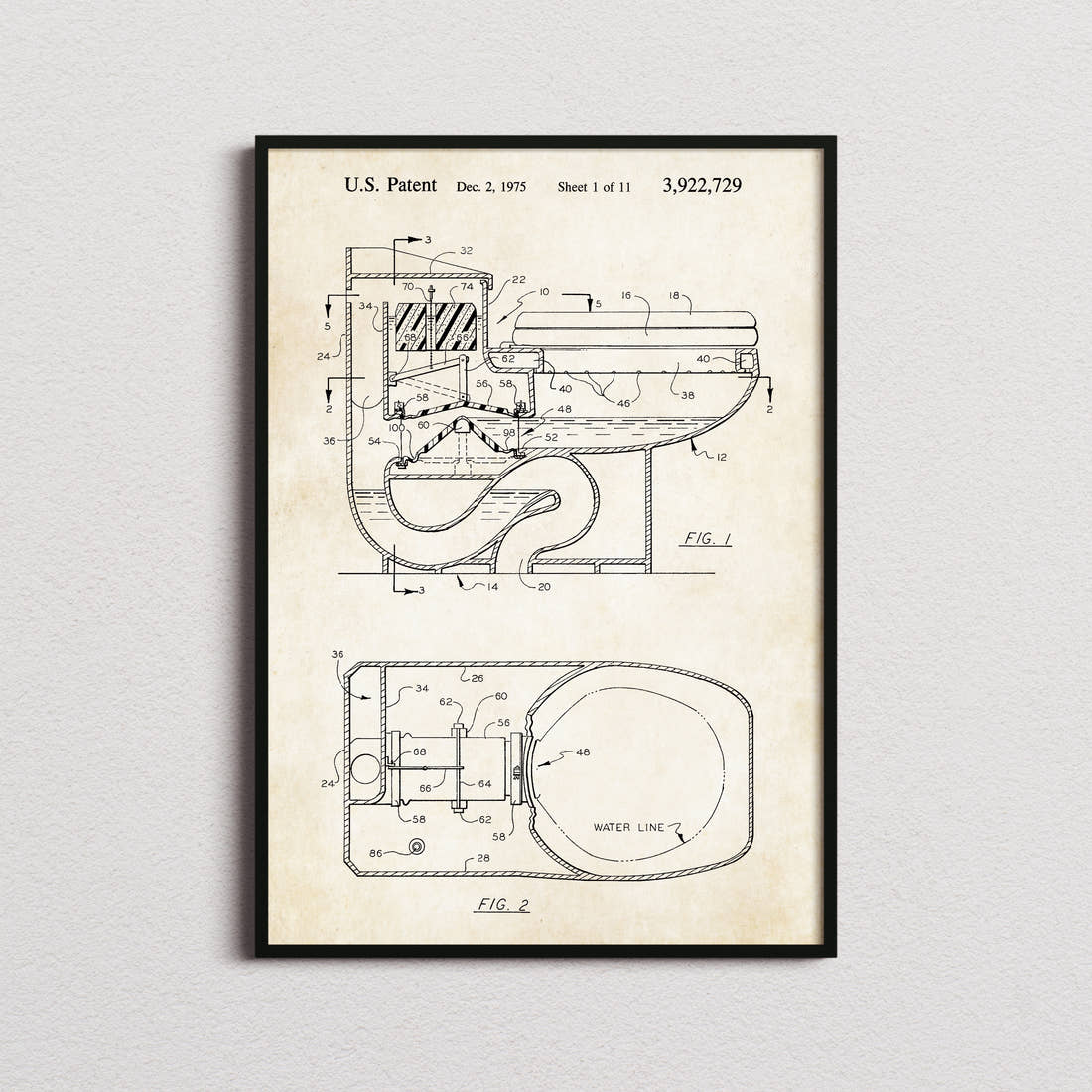 Toilet Flush Patent Print in the aged paper colourway, framed