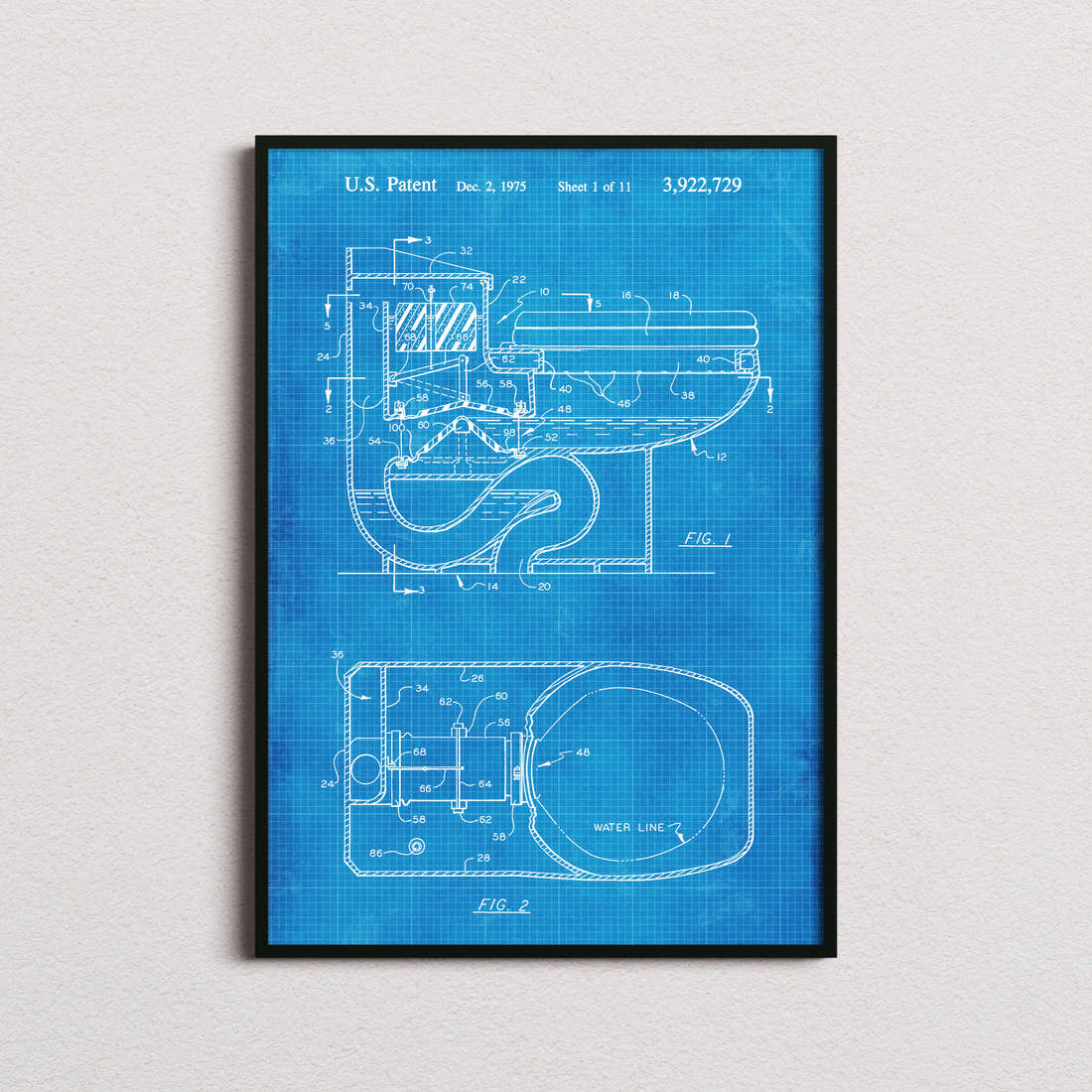 Toilet Flush Patent Print in the blueprint colourway, framed
