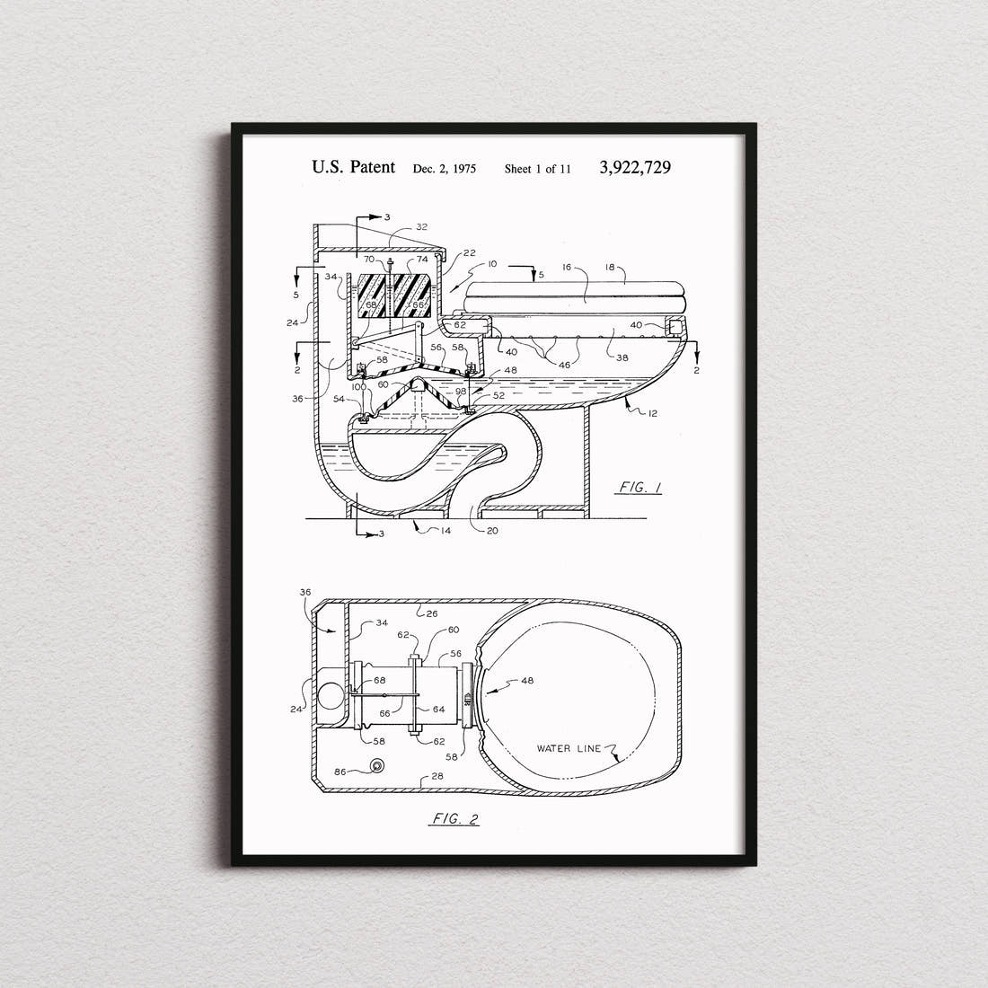 Toilet Flush Patent Print in the white colourway, framed