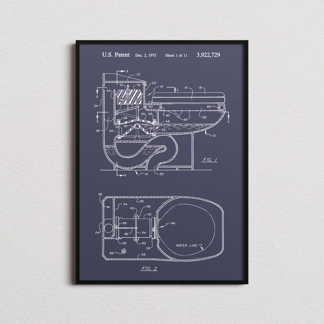 Toilet Flush Patent Print in the navy colourway, framed