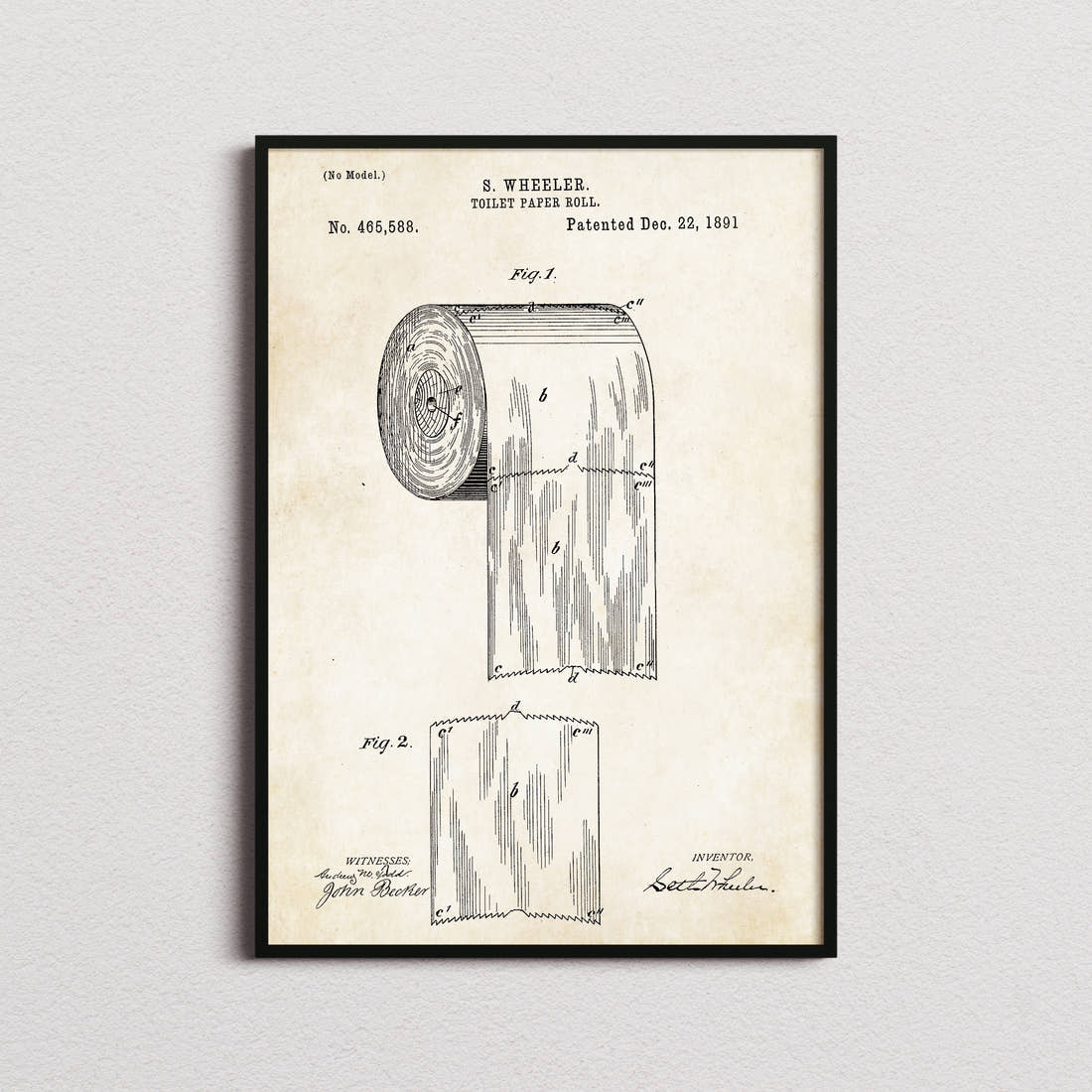 Toilet Paper Roll Patent Print in the aged paper colourway, framed