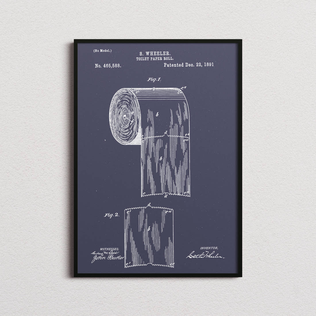 Toilet Paper Roll Patent Print in the navy colourway, framed