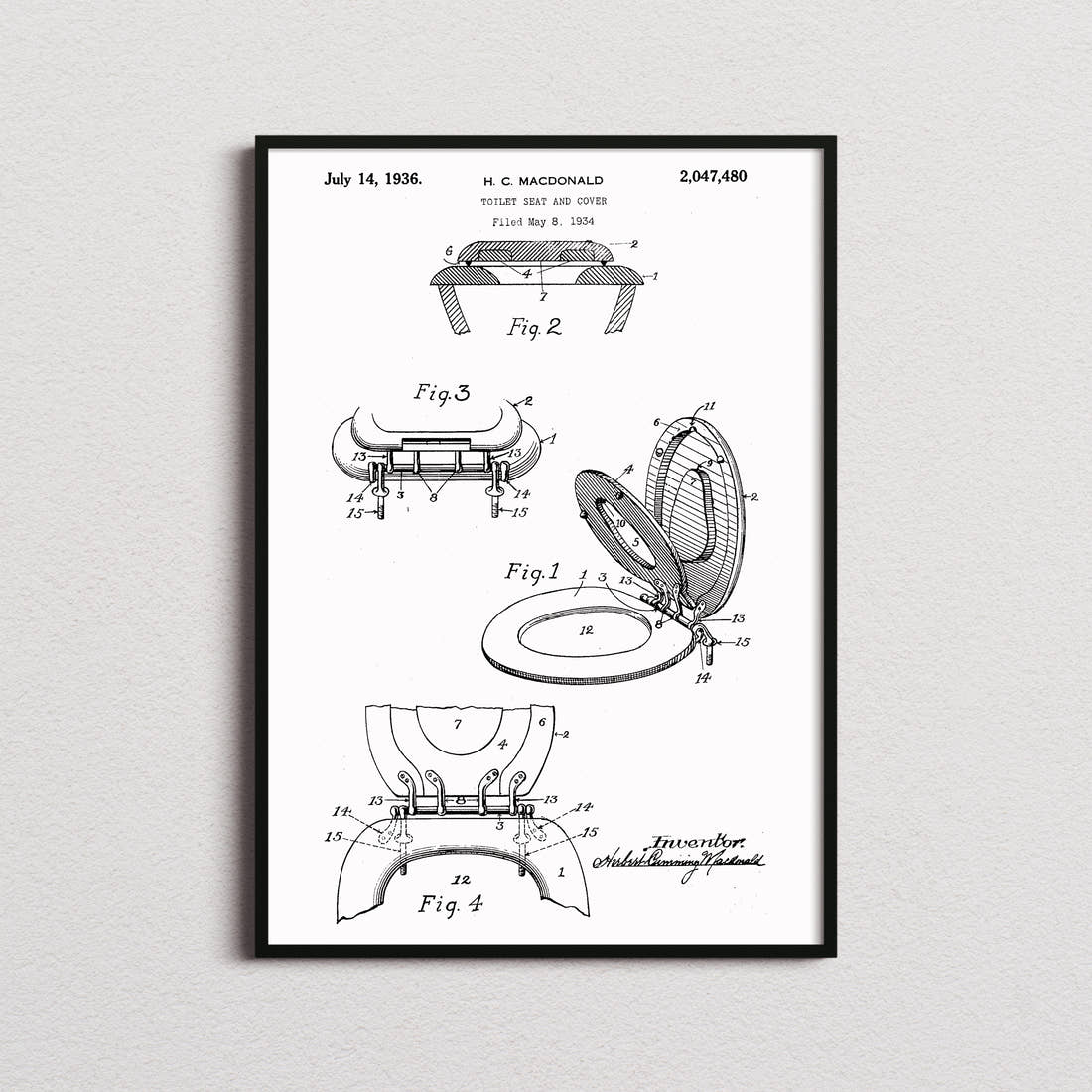 Toilet Seat And Cover Patent Print in the white colourway, framed