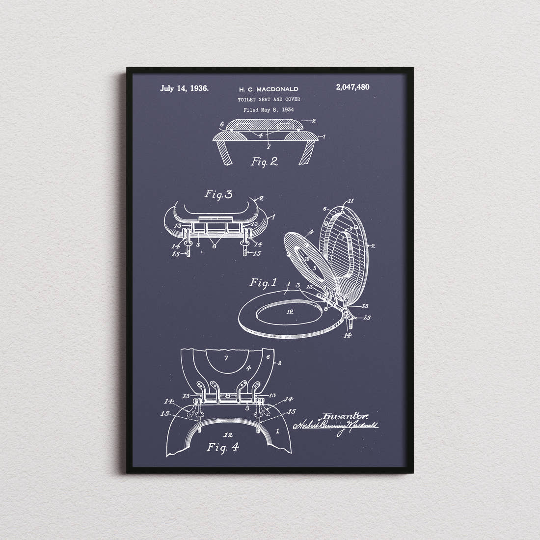 Toilet Seat And Cover Patent Print in the navy colourway, framed
